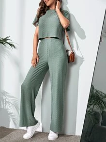 SHEIN LUNE Camiseta crop con bordado con ojal de manga mariposa con pantalones - Verde - Ver 3