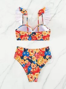 SHEIN Swim Summer Beach Floral Print Bikini Set Ruffle Trim Push Up Top & High Waisted Bottom 2 Piece Bathing Suit