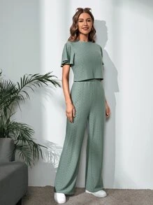 SHEIN LUNE Camiseta crop con bordado con ojal de manga mariposa con pantalones - Verde - Ver 4