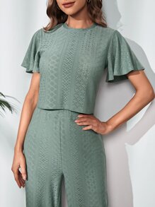 SHEIN LUNE Camiseta crop con bordado con ojal de manga mariposa con pantalones - Verde - Ver 5