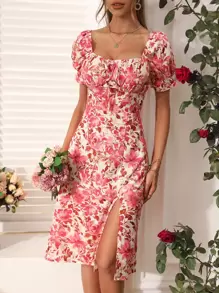 Breezaya Floral Print Puff Sleeve Split Thigh Dress - Apricot - View 1