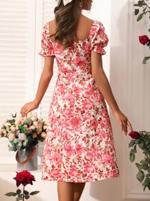 Breezaya Floral Print Puff Sleeve Split Thigh Dress - Apricot - View 2