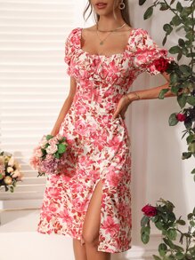 Breezaya Floral Print Puff Sleeve Split Thigh Dress - Apricot - View 3