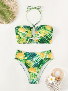 熱帶與檸檬印花露肩夏日比基尼套裝 - 彩色 - 查看 4