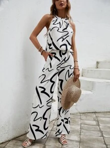 SHEIN LUNE Allover Print Halter Top & Pants - White - View 3