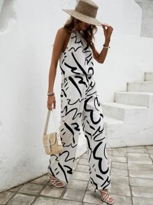 SHEIN LUNE Allover Print Halter Top & Pants - White - View 4