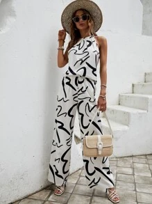 SHEIN LUNE Allover Print Halter Top & Pants - White - View 5