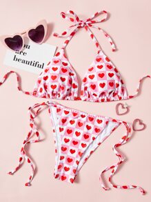 Heart Print Triangle Tie Side Summer Beach Bikini Set - Multicolor - View 1