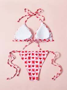 Heart Print Triangle Tie Side Summer Beach Bikini Set - Multicolor - View 2