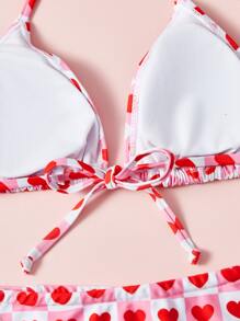 Heart Print Triangle Tie Side Summer Beach Bikini Set - Multicolor - View 3