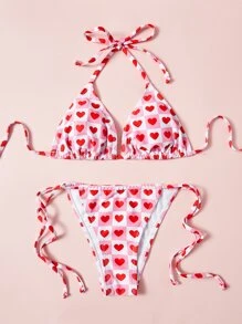 Heart Print Triangle Tie Side Summer Beach Bikini Set - Multicolor - View 4