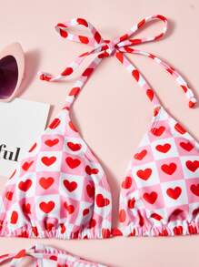 Heart Print Triangle Tie Side Summer Beach Bikini Set - Multicolor - View 5