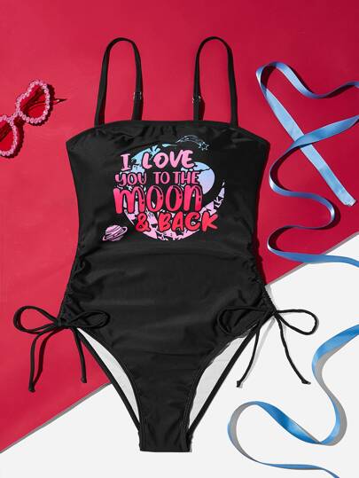 Slogan Graphic Drawstring One Piece Swimsuit