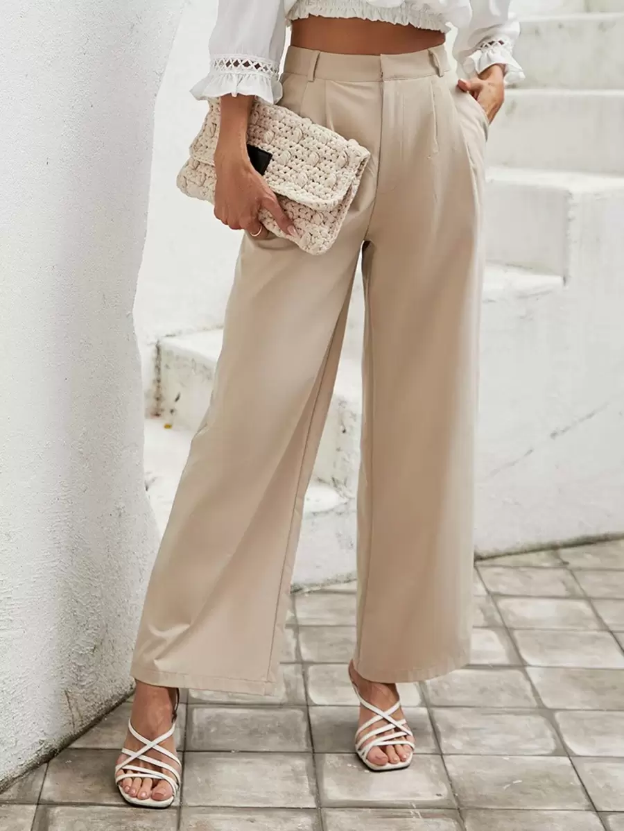 SHEIN LUNE 素色高腰西裝褲 - 杏色 - 查看 1