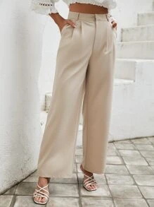 SHEIN LUNE 素色高腰西裝褲 - 杏色 - 查看 4