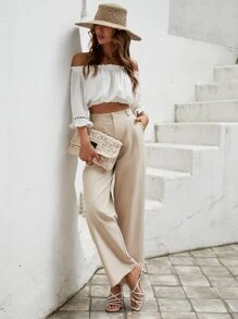 SHEIN LUNE 素色高腰西裝褲 - 杏色 - 查看 5