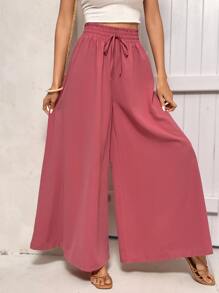 SHEIN LUNE 腰部抽繩闊腿褲 - 藕粉色 - 查看 4