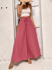 SHEIN LUNE 腰部抽繩闊腿褲 - 藕粉色 - 查看 1