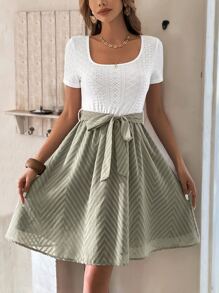 SHEIN LUNE Eyelet Embroidery Square Neck Belted Dress - Multicolor - View 5