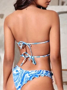 全面印花束胸夏日沙灘比基尼套裝 - 藍白色 - 查看 3