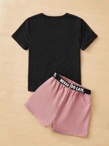 SHEIN EZwear Áo phông họa tiết chữ cái cộng với quần short có túi nắp thắt lưng không có túi - Nhiều màu - Xem 3