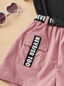 SHEIN EZwear Áo phông họa tiết chữ cái cộng với quần short có túi nắp thắt lưng không có túi - Nhiều màu - Xem 2