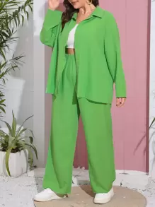 SHEIN Essnce Plus Drop Shoulder Shirt & Wide Leg Pants - Green - View 1