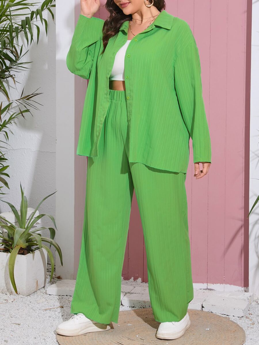 SHEIN Essnce Plus Drop Shoulder Shirt & Wide Leg Pants - Green - View 1