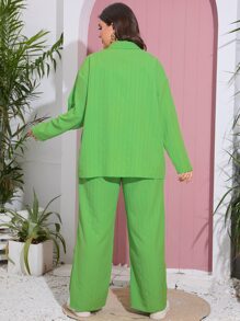 SHEIN Essnce Plus Drop Shoulder Shirt & Wide Leg Pants - Green - View 2