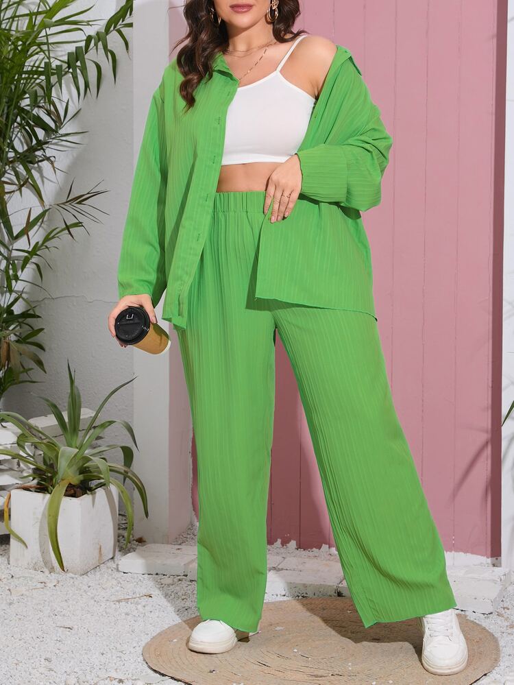 SHEIN Essnce 大碼落肩袖襯衫和闊腿褲 - 綠色 - 查看 3