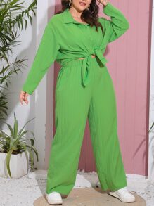 SHEIN Essnce Plus Drop Shoulder Shirt & Wide Leg Pants - Green - View 5