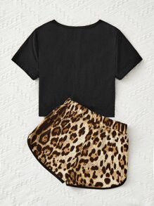 SHEIN 女孩字母圖案T恤和豹紋印花短褲 - 彩色 - 查看 4