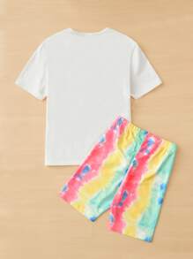 SHEIN 青少年女孩字母圖形t恤和水洗印花休閒短褲 - 彩色 - 查看 4