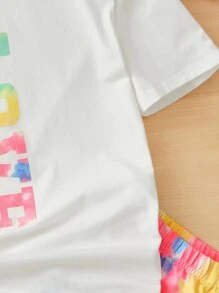 SHEIN 青少年女孩字母圖形t恤和水洗印花休閒短褲 - 彩色 - 查看 2