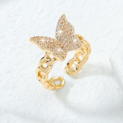 Cubic Zirconia Butterfly Decor Cuff Ring