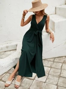 SHEIN LUNE 交疊領下擺開叉繫腰帶洋裝 - 墨綠色 - 查看 4