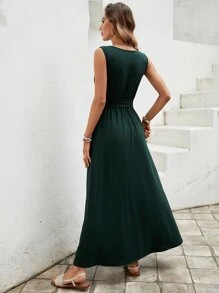 SHEIN LUNE 交疊領下擺開叉繫腰帶洋裝 - 墨綠色 - 查看 2