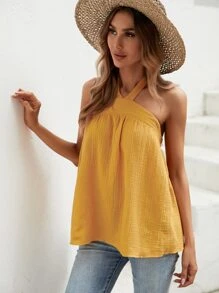 SHEIN VCAY Top halter unicolor de espalda abierta - Amarillo - Ver 4