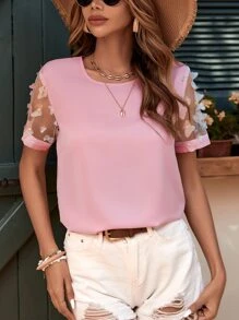 SHEIN Clasi Blusa aplique de manga de malla - Rosa - Ver 1
