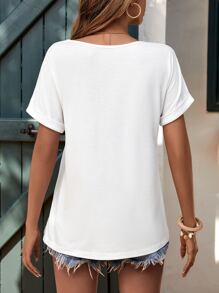 SHEIN LUNE Áo thun nữ Nút Nút phía trước màu trơn Giải trí - trắng - Xem 2