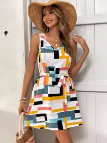 SHEIN LUNE Vestido De Mujer Sin Mangas Con Cinturón Y Cuello En V, Línea A Con Impresión Geométrica Y Bloque De Color - Blanco - Ver 3