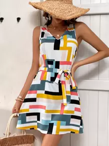 SHEIN LUNE Vestido De Mujer Sin Mangas Con Cinturón Y Cuello En V, Línea A Con Impresión Geométrica Y Bloque De Color - Blanco - Ver 4