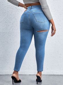 SHEIN SXY Plus High Waist Ripped Skinny Jeans - Light Wash - View 1