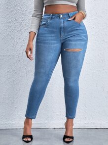 SHEIN SXY Plus High Waist Ripped Skinny Jeans - Light Wash - View 2