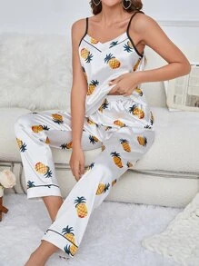 Pineapple Print Satin Cami Top & Trousers PJ Set - White - View 6