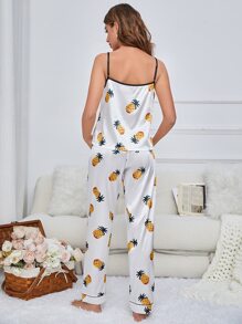 Pineapple Print Satin Cami Top & Trousers PJ Set - White - View 2