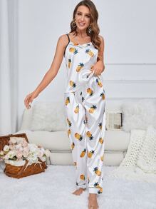 Pineapple Print Satin Cami Top & Trousers PJ Set - White - View 5
