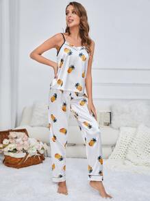 Pineapple Print Satin Cami Top & Trousers PJ Set - White - View 3