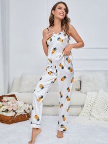Pineapple Print Satin Cami Top & Trousers PJ Set - White - View 4