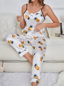 Pineapple Print Satin Cami Top & Trousers PJ Set - White - View 1
